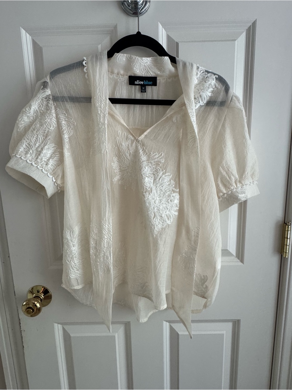 Alice Blue Cream/Ivory Embroidered Sheer Tie-Neck Blouse